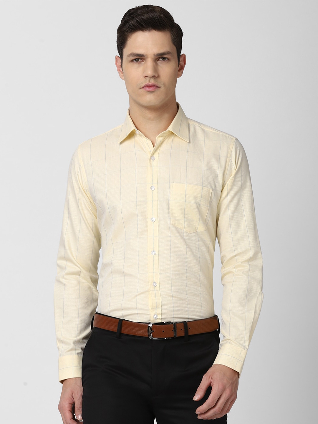 Buy Van Heusen Men Yellow Slim Fit Checked Pure Cotton Formal Shirt ...