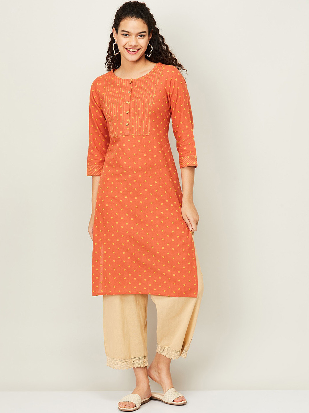 Orange Organic Cotton A-line Kurta with Pockets