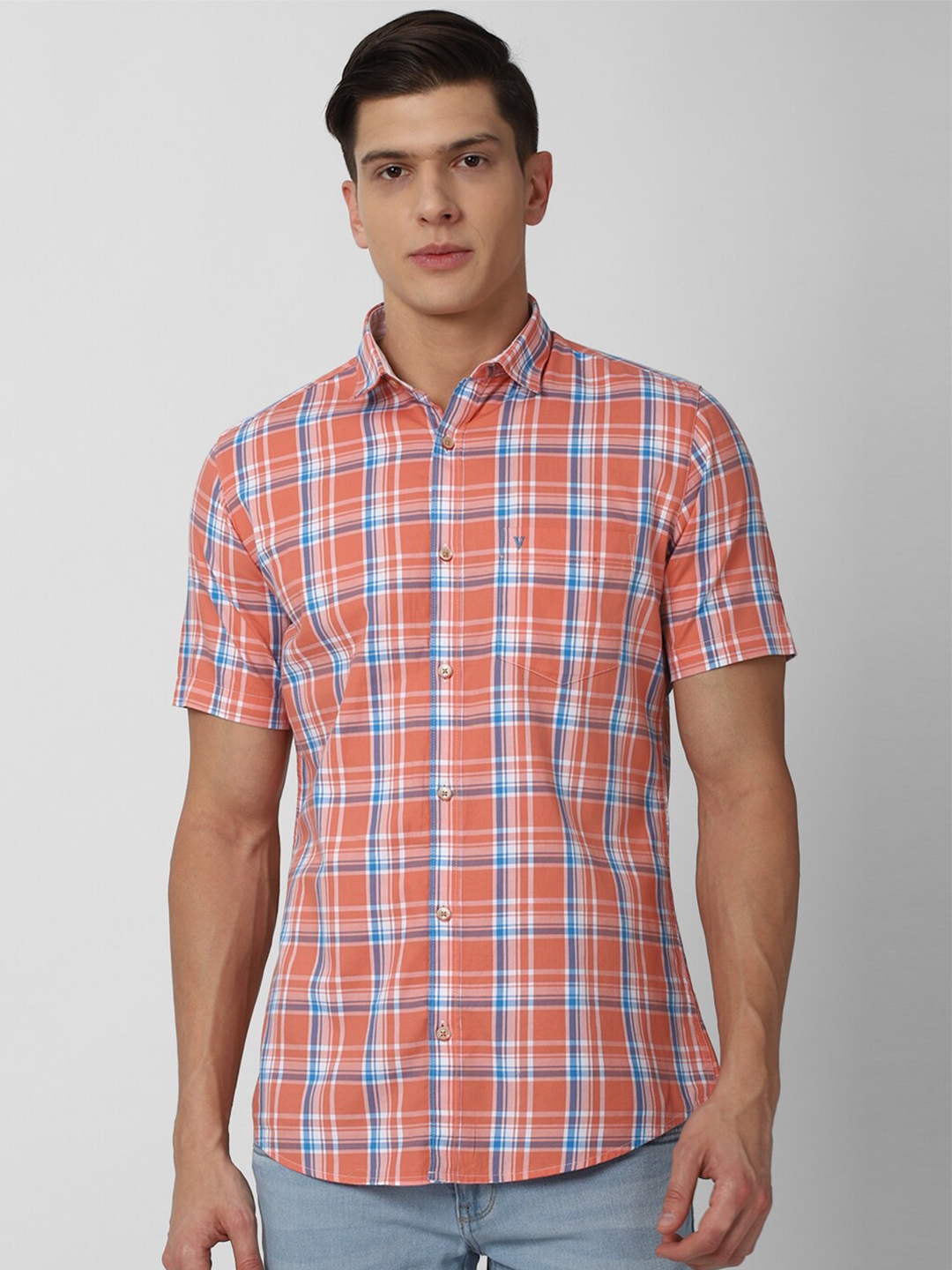 Buy Van Heusen Sport Men Orange Slim Fit Checked Cotton Casual Shirt ...