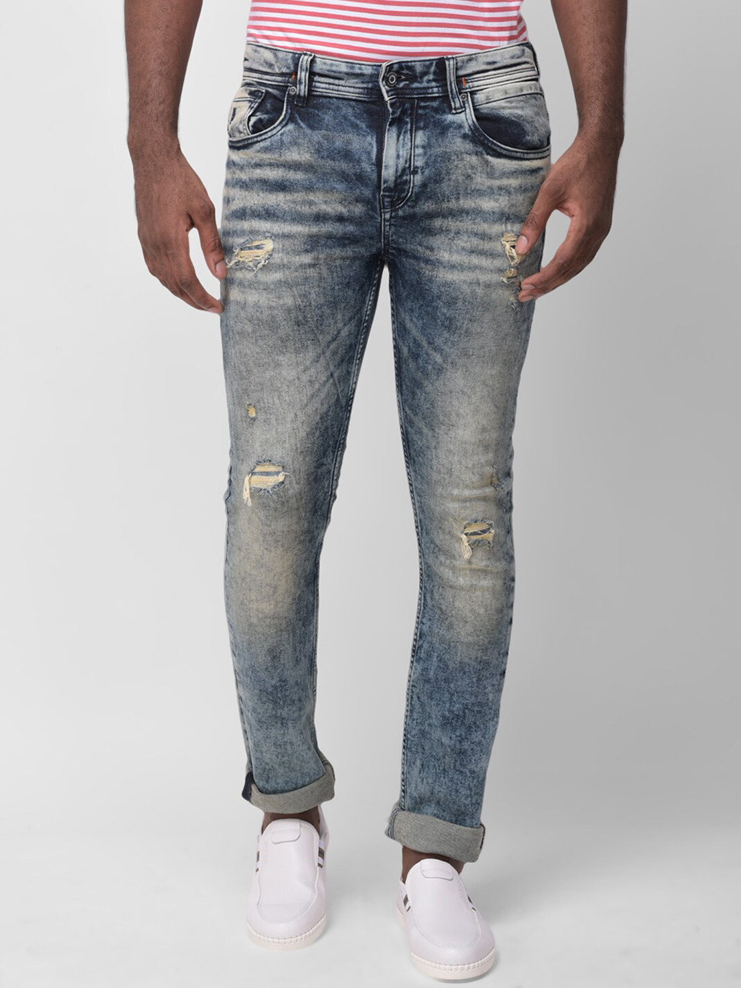 Buy Woodland Men Blue Slim Fit Mildly Distressed Heavy Fade Stretchable