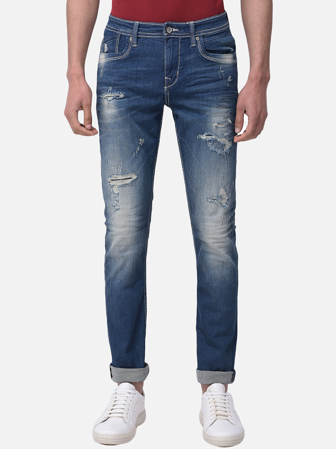 Buy Woodland Men Blue Slim Fit Highly Distressed Heavy Fade Stretchable