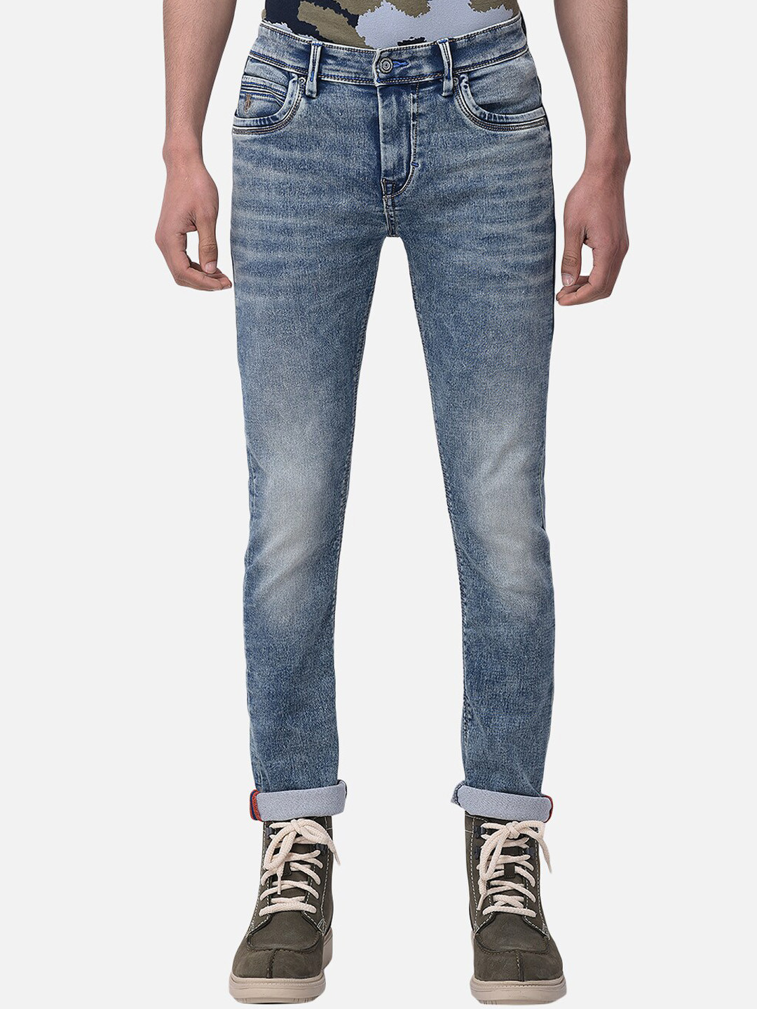 Buy Woodland Men Blue Straight Fit Heavy Fade Stretchable Cropped Jeans