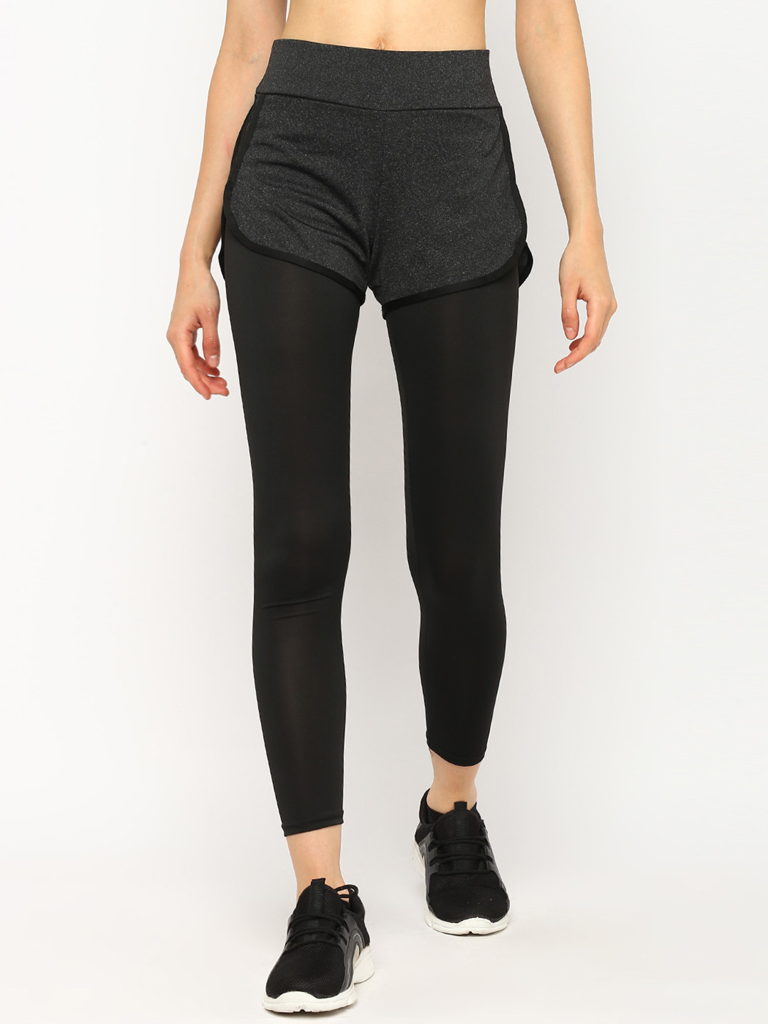 Buy JerfSports Women Black Solid Tights With Attached Shorts Tights