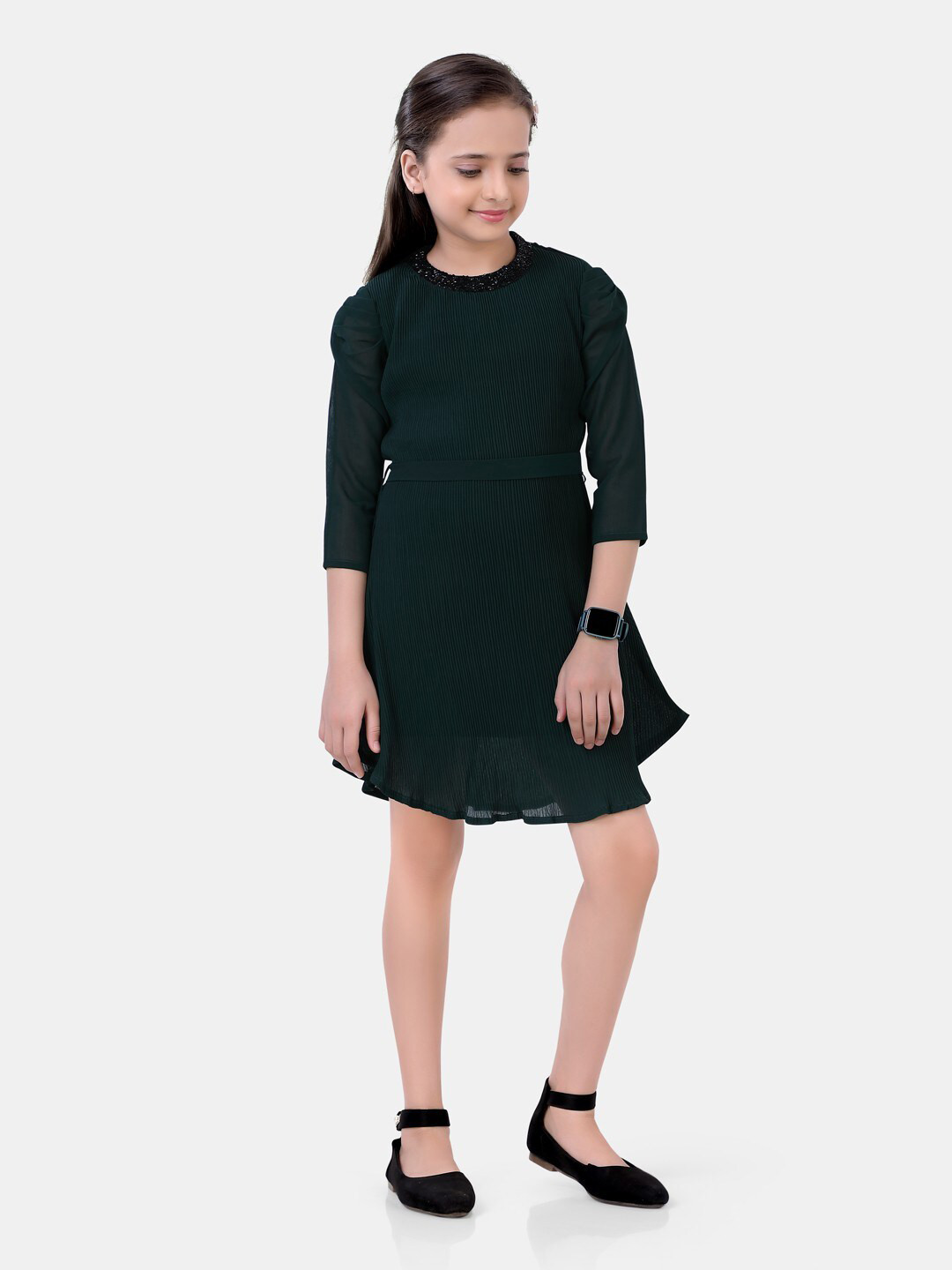 Buy POPLINS Girls Green Accordion Pleated Embellished Neck Dress Dresses for Girls 17327492