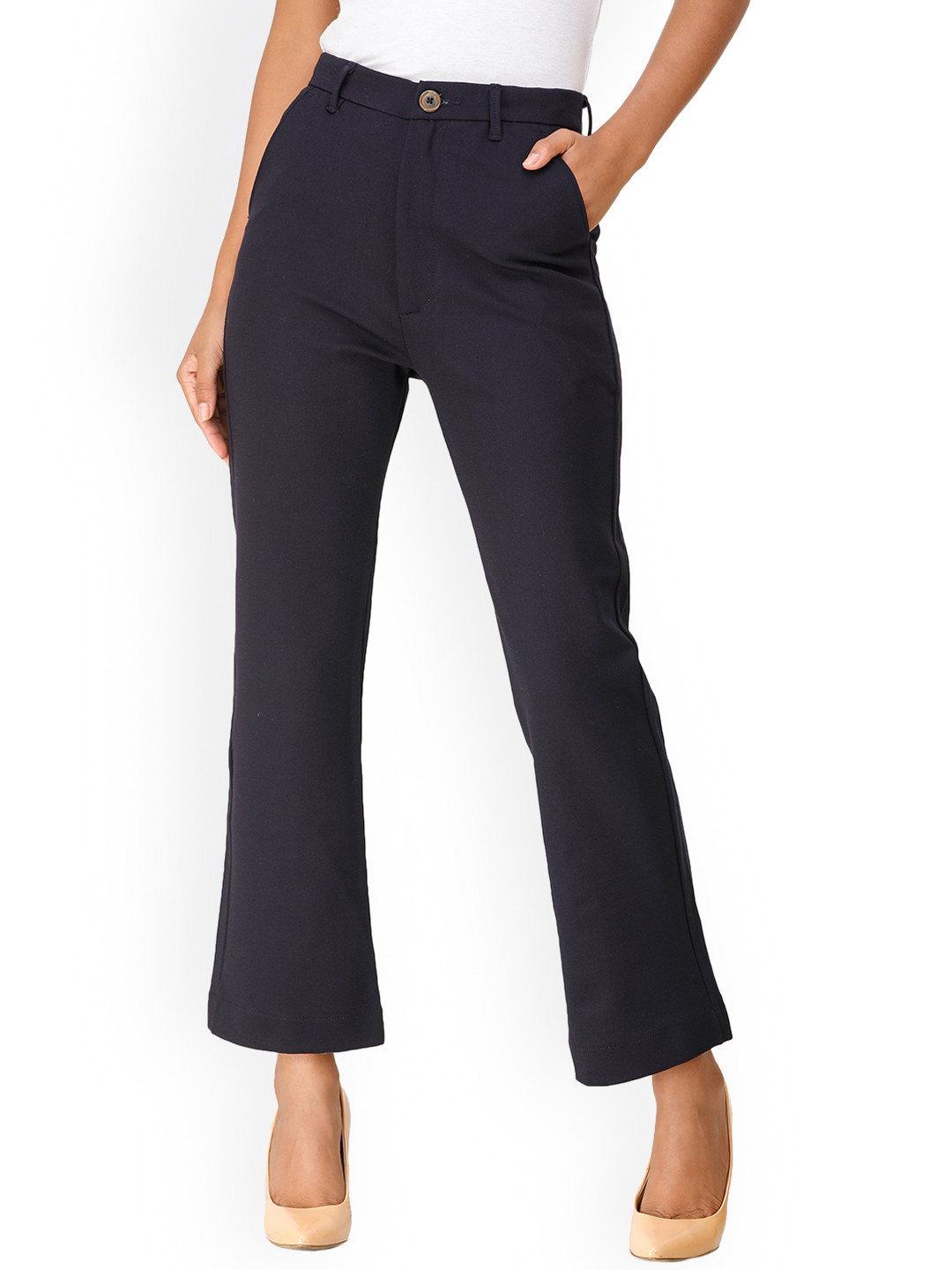 Buy DECHEN Women Navy Blue Flared Stretchable Bootcut Trousers
