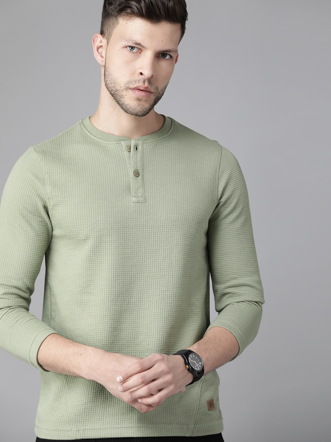 Buy Roadster Men Green Self Design Henley Neck T Shirt Tshirts for
