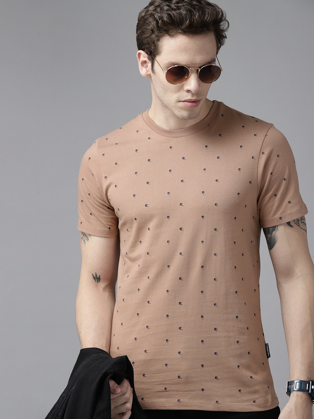 Buy Roadster Men Brown Printed Pure Cotton T Shirt Tshirts for Men
