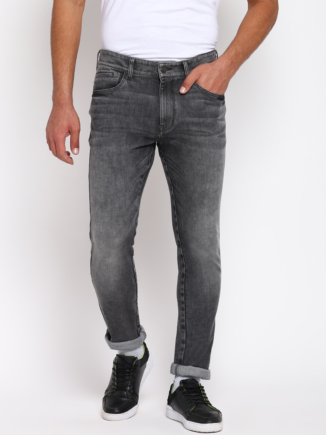 Men's Grey Slim Fit Heavy Fade Acid Wash Jeans