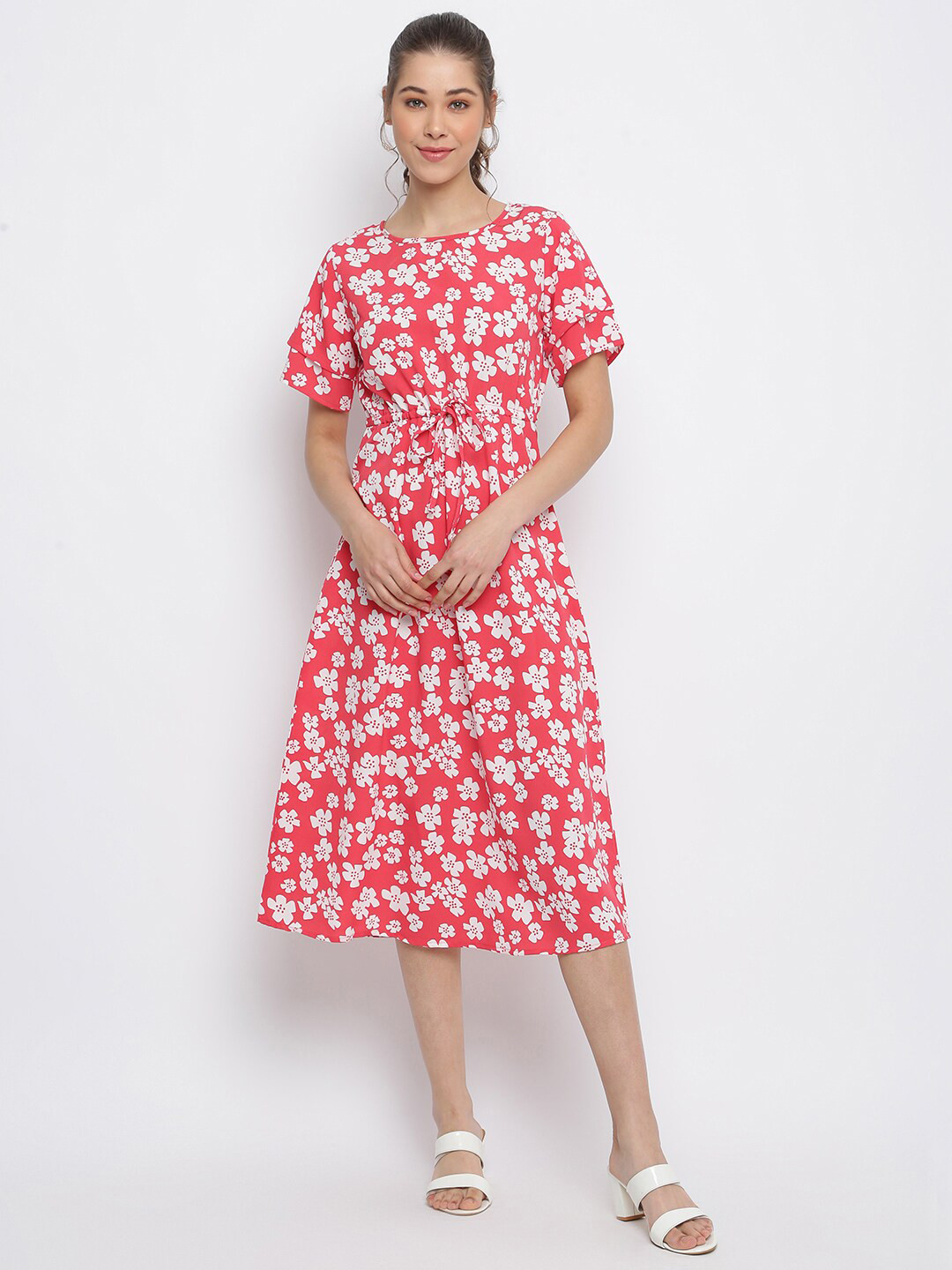 Buy Mayra Pink Floral Crepe A Line Midi Dress Dresses for Women