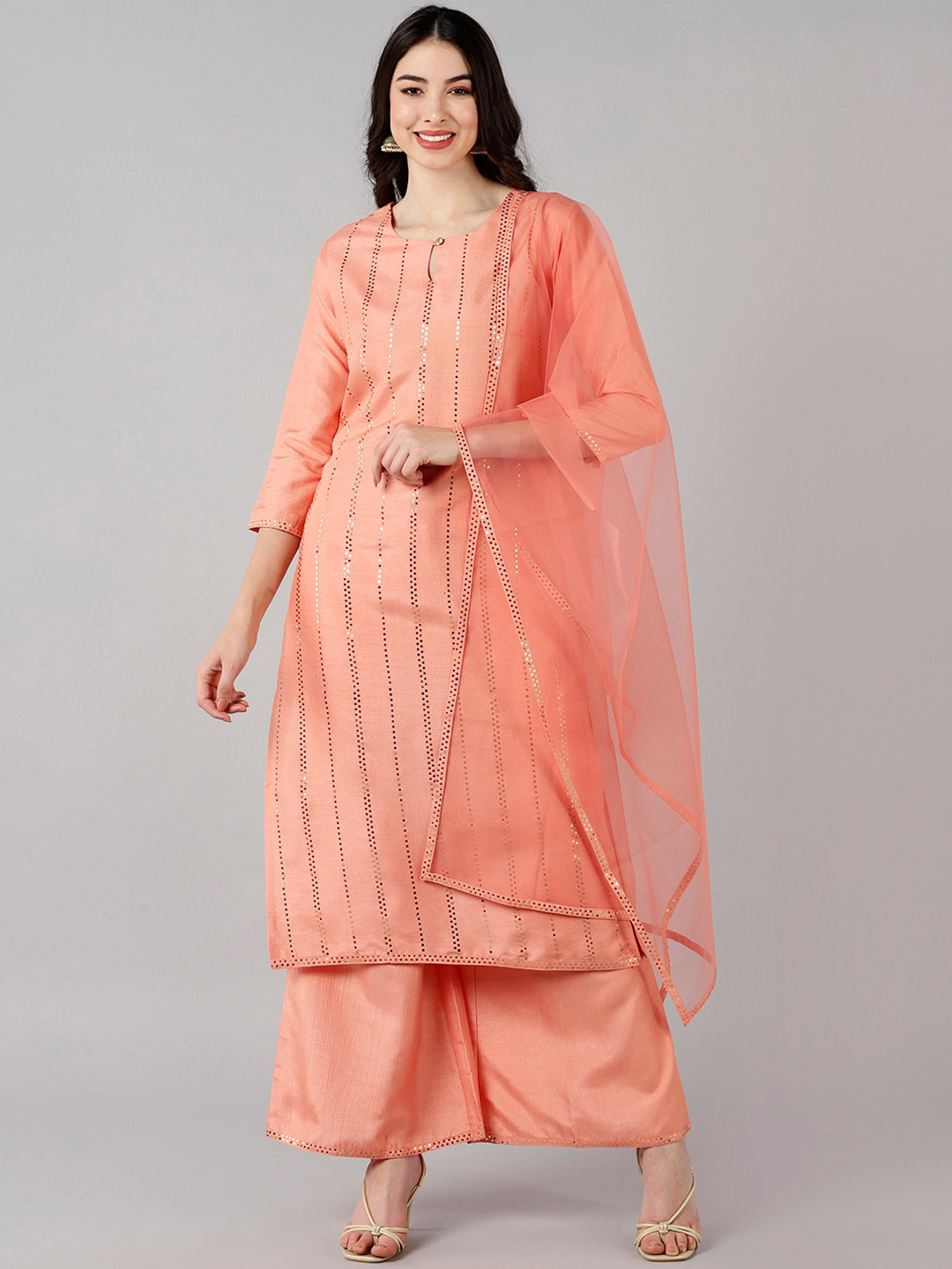 Women'S Peach-Coloured Solid Kurta With Palazzos & Dupatta main image 1