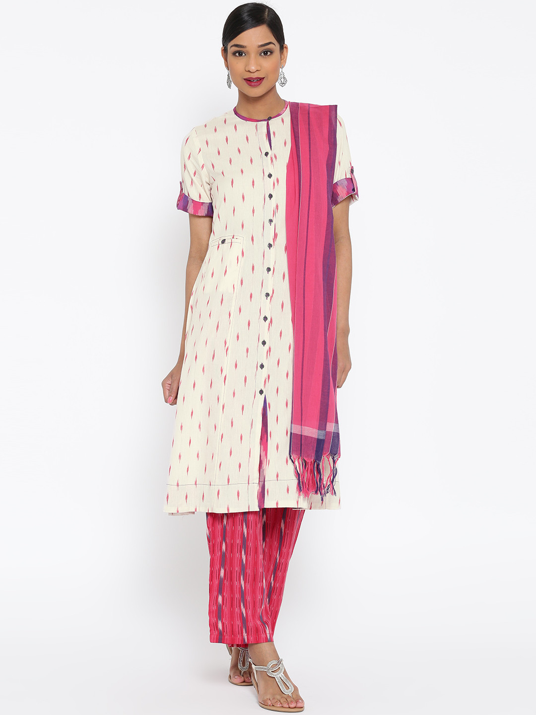Buy Biba Off White & Pink Printed A Line Kurta With Trousers & Dupatta