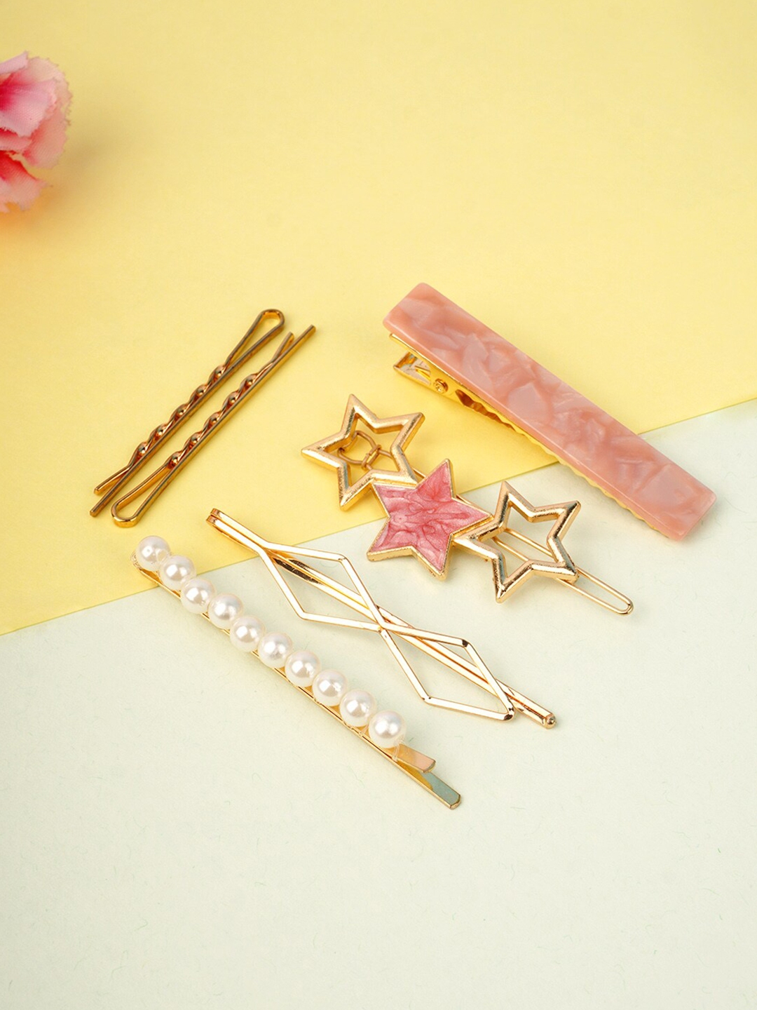 Buy Ferosh Women Set Of 5 Gold Toned And Pink Embellished Star Hair Accessory Set Hair Accessory 9481