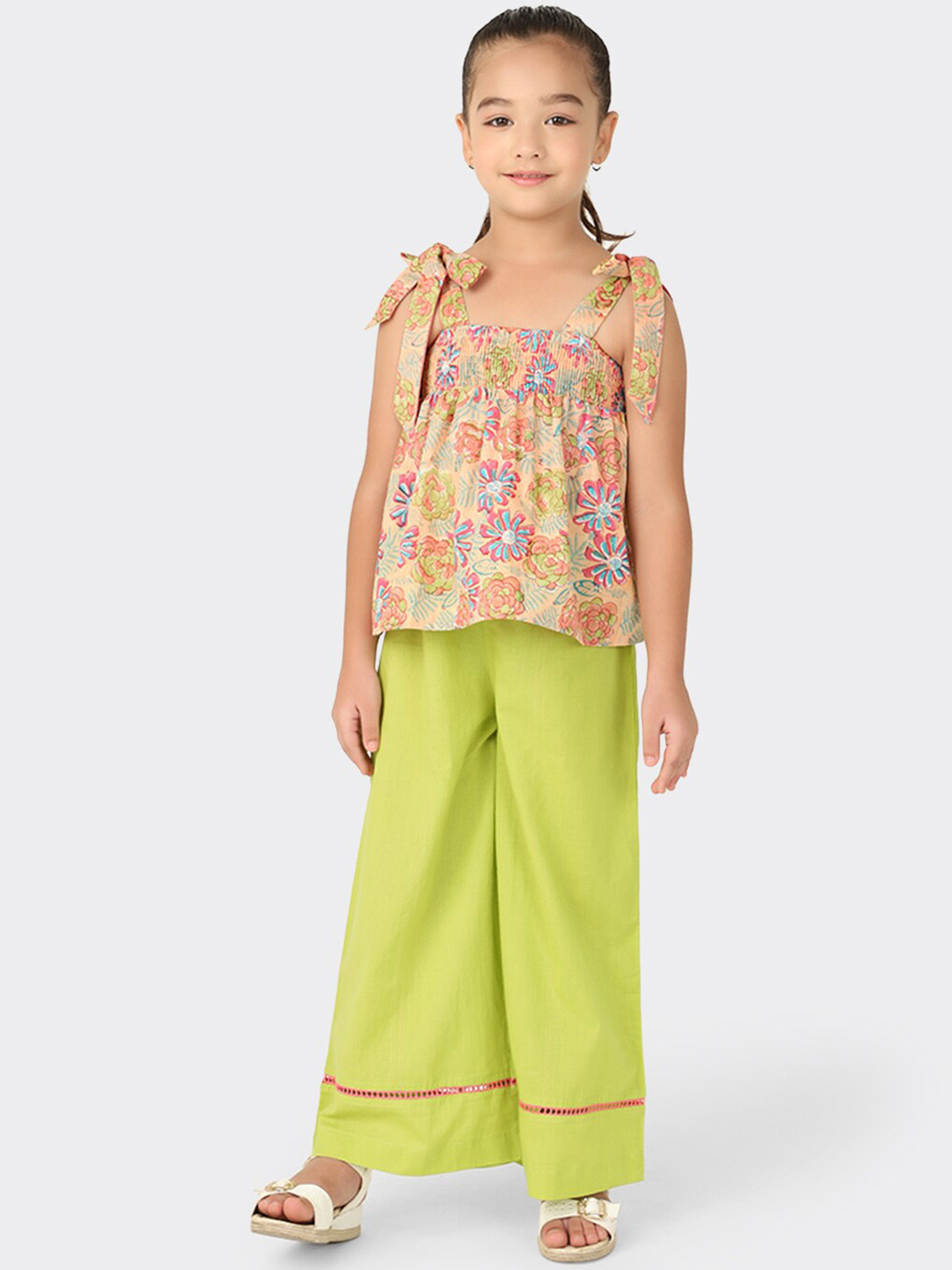 Girls Peach-Coloured Printed Kurti With Palazzos