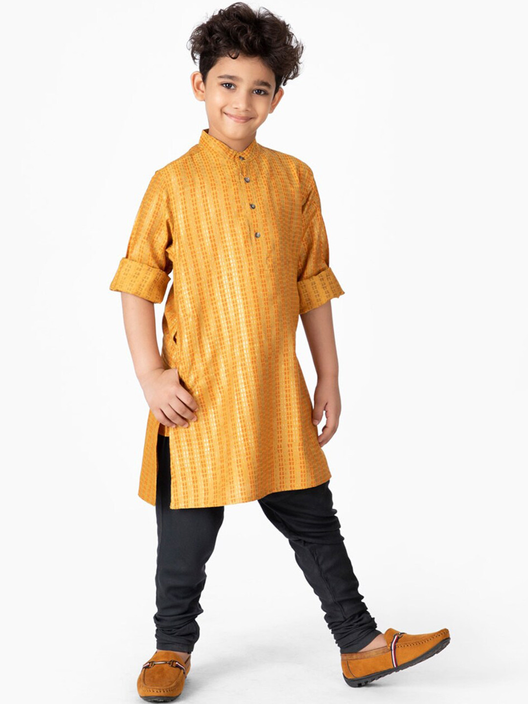 Boys Mustard Yellow Floral Pure Cotton Kurti With Trousers Dupatta