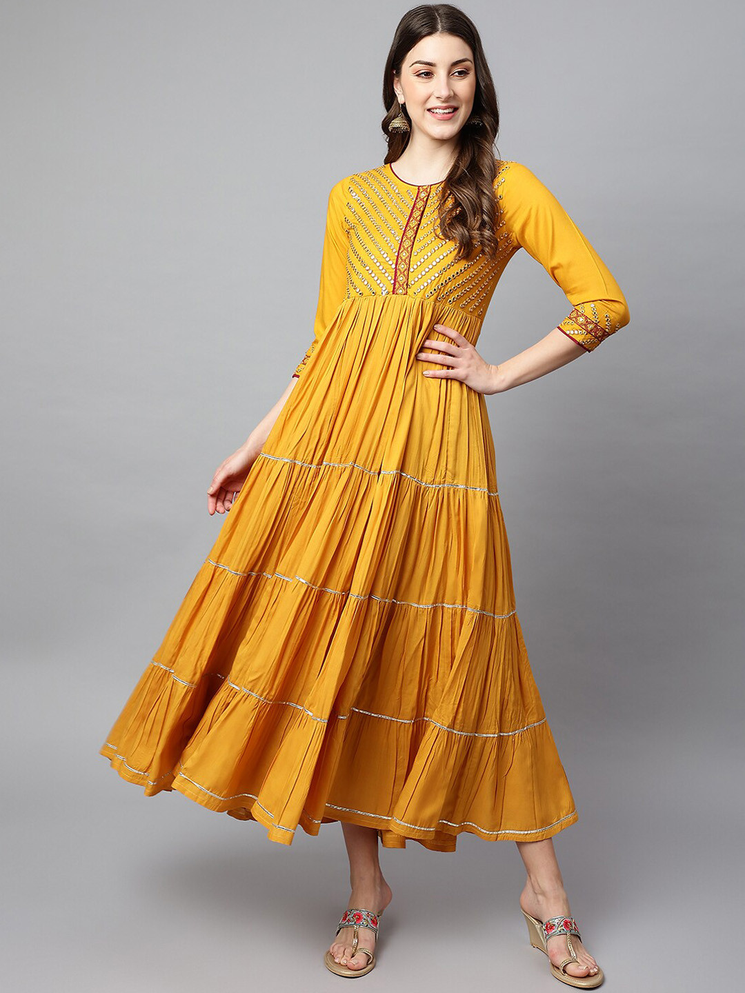 Buy SHINOY Women Yellow Yoke Design Embroidered Dress Ethnic Dresses
