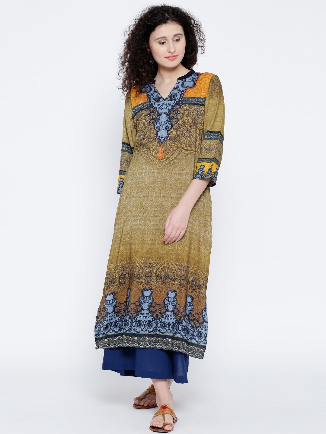 Buy Shree Women Olive Green And Blue Ethnic Print Straight Kurta Kurtas For Women 1734667 Myntra 7872