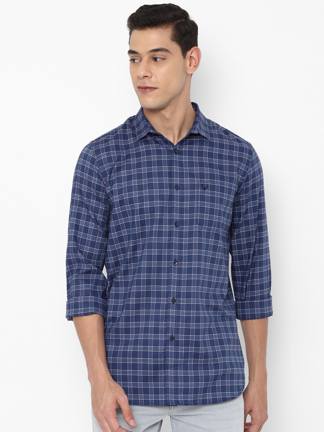 Men's Navy Blue Comfort Slim Fit Windowpane Checked Cotton Casual Shirt