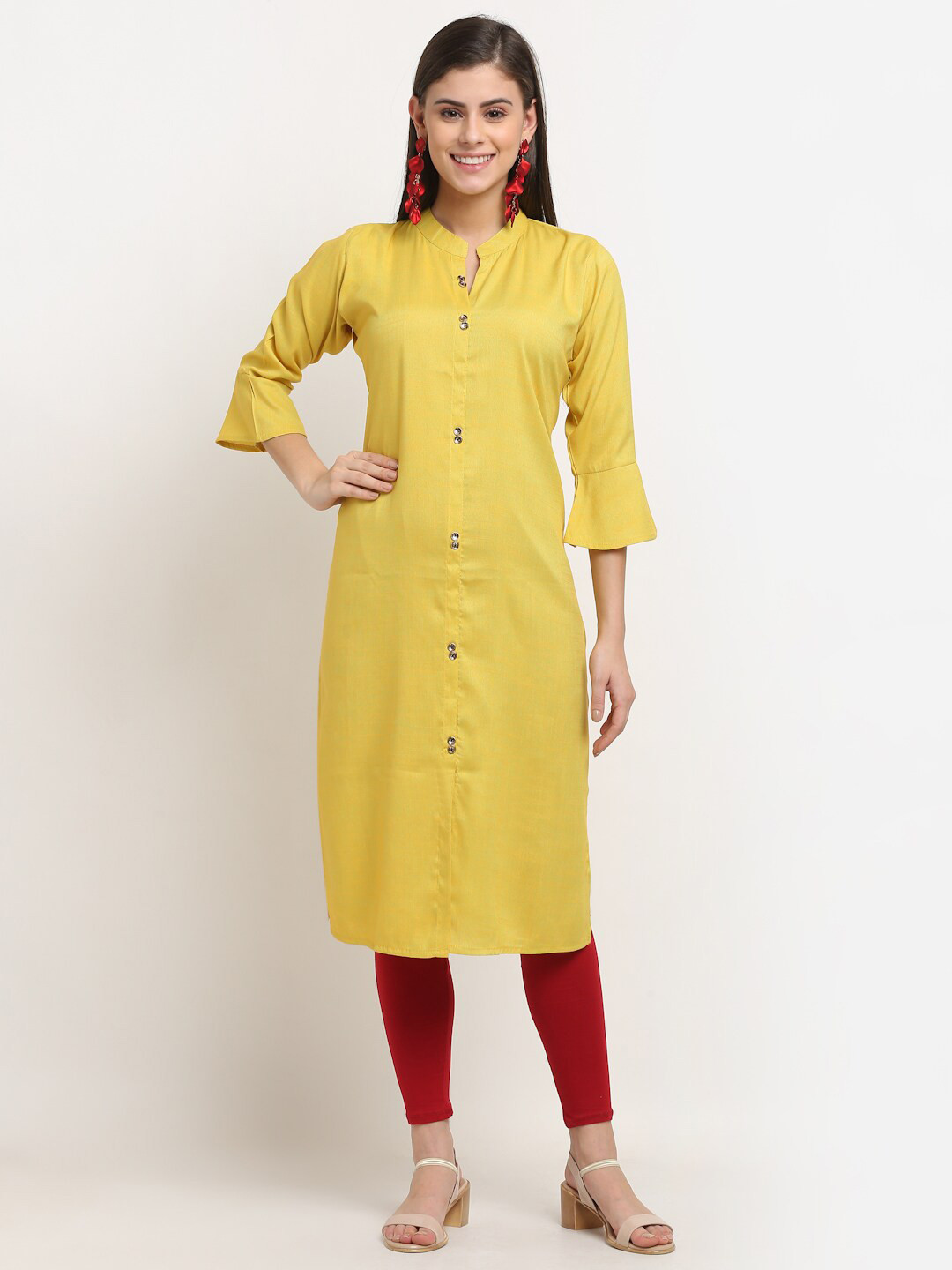 Buy GRACIT Yellow Solid Bell Sleeve Straight Kurti Kurtis for Women