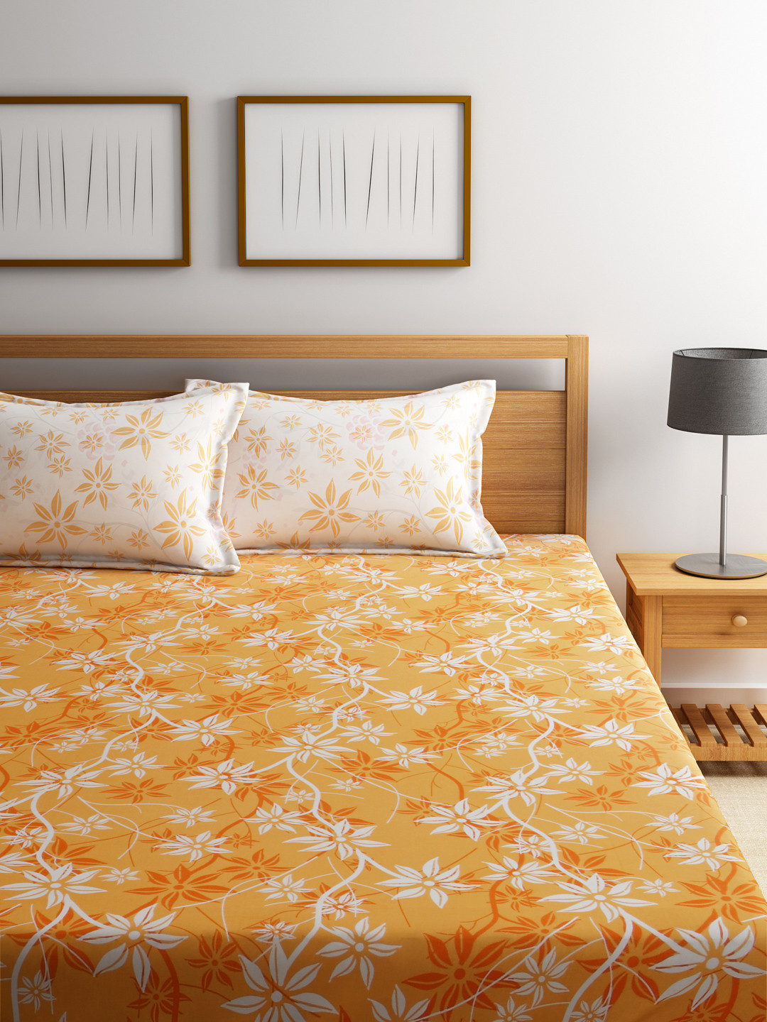 Buy WELHOME Mustard Yellow Cotton 144 TC Double Bedsheet With 2 Pillow