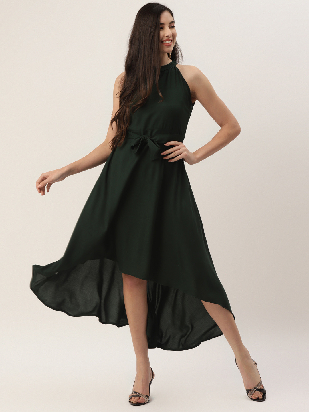 Buy VAABA Green Solid High Low Fit & Flare Dress Ethnic Dresses for