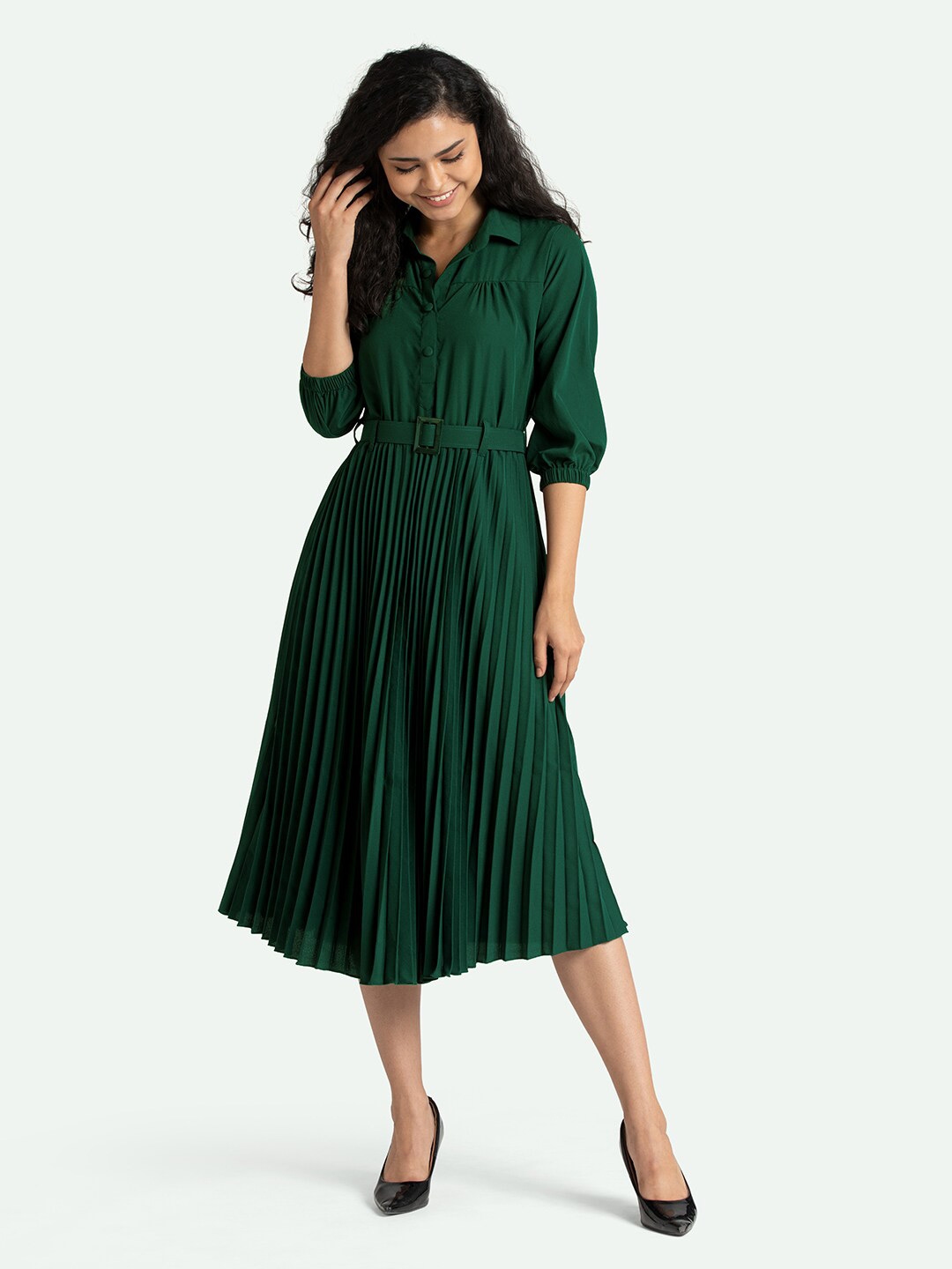 Buy AASK Green Crepe Shirt Midi Dress With Waist Belt - Dresses for Women 17351742 | Myntra