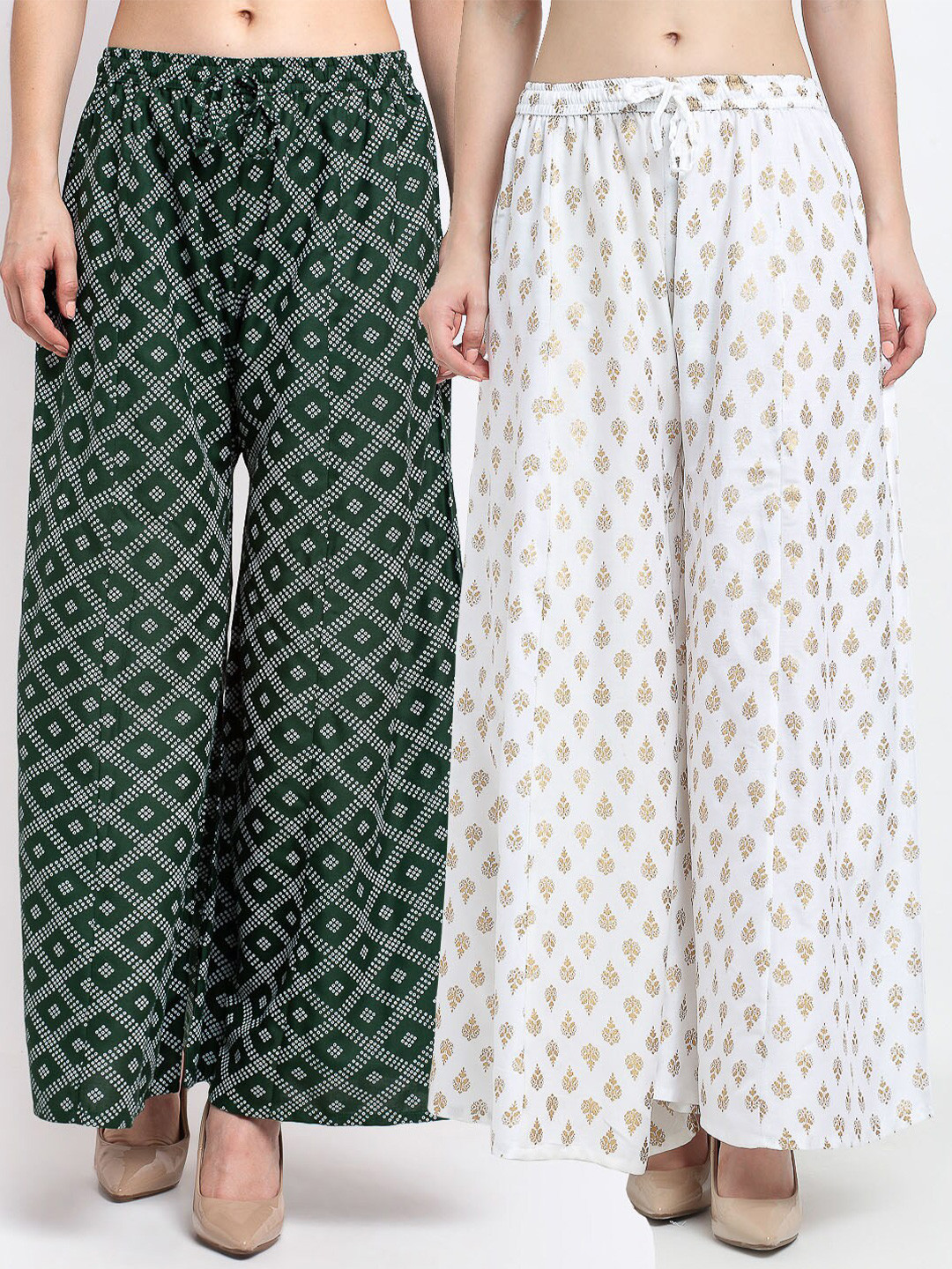 Women Green & White Floral Rayon Shirt With Palazzos