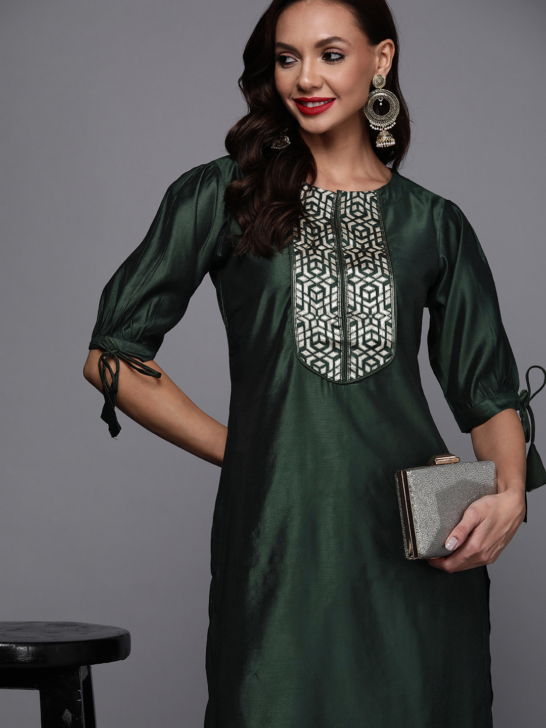 Indo Era Green Solid A-Line Kurta Trousers Set