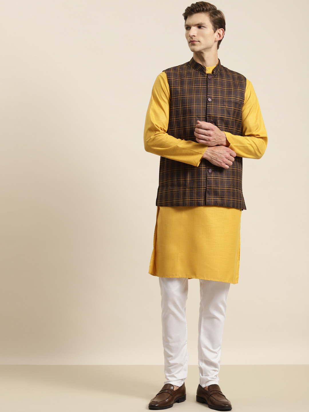 Buy SOJANYA Men Mustard Yellow & Brown Kurta With Churidar & Nehru