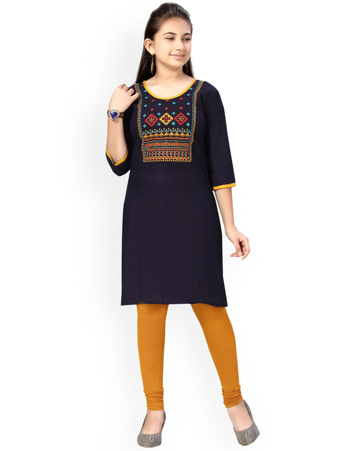 Girl Handpainted Kurta Pant Set - Navy Blue main image 0