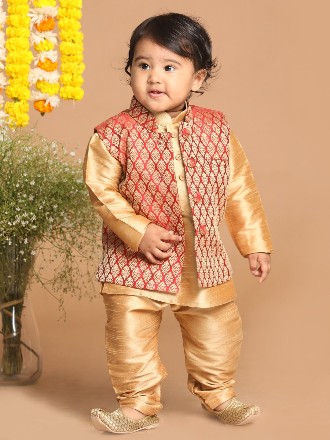Buy VASTRAMAY Boys Gold Toned & Maroon Woven Design Nehru Jackets