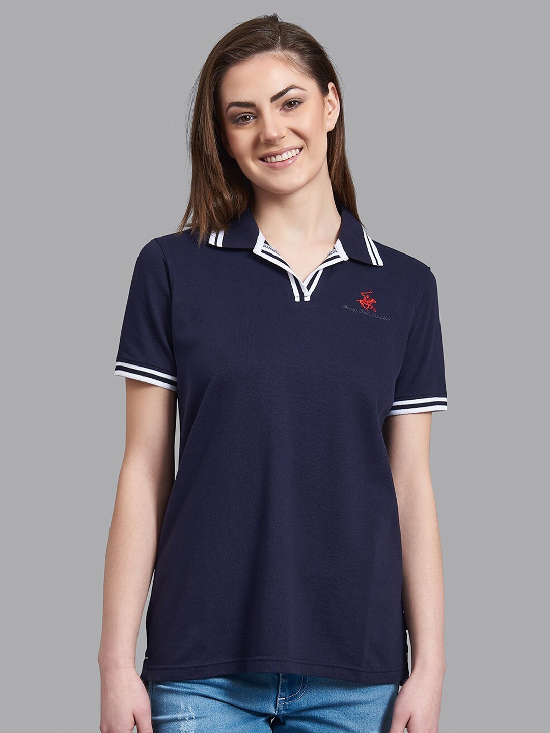 Buy Beverly Hills Polo Club Women Navy Blue Polo Collar T Shirt ...
