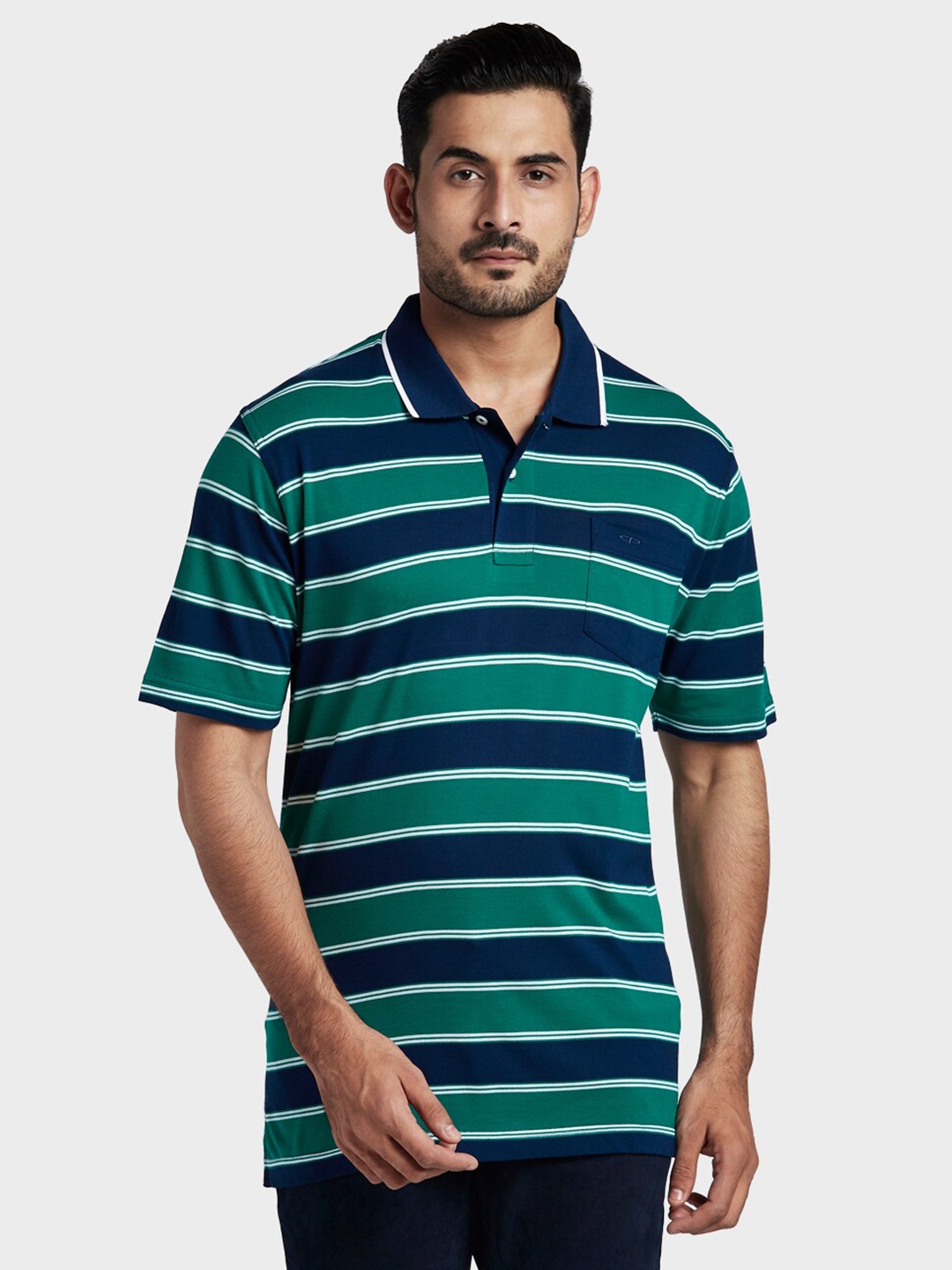 Buy ColorPlus Men Green & Blue Striped Polo Collar Cotton T Shirt