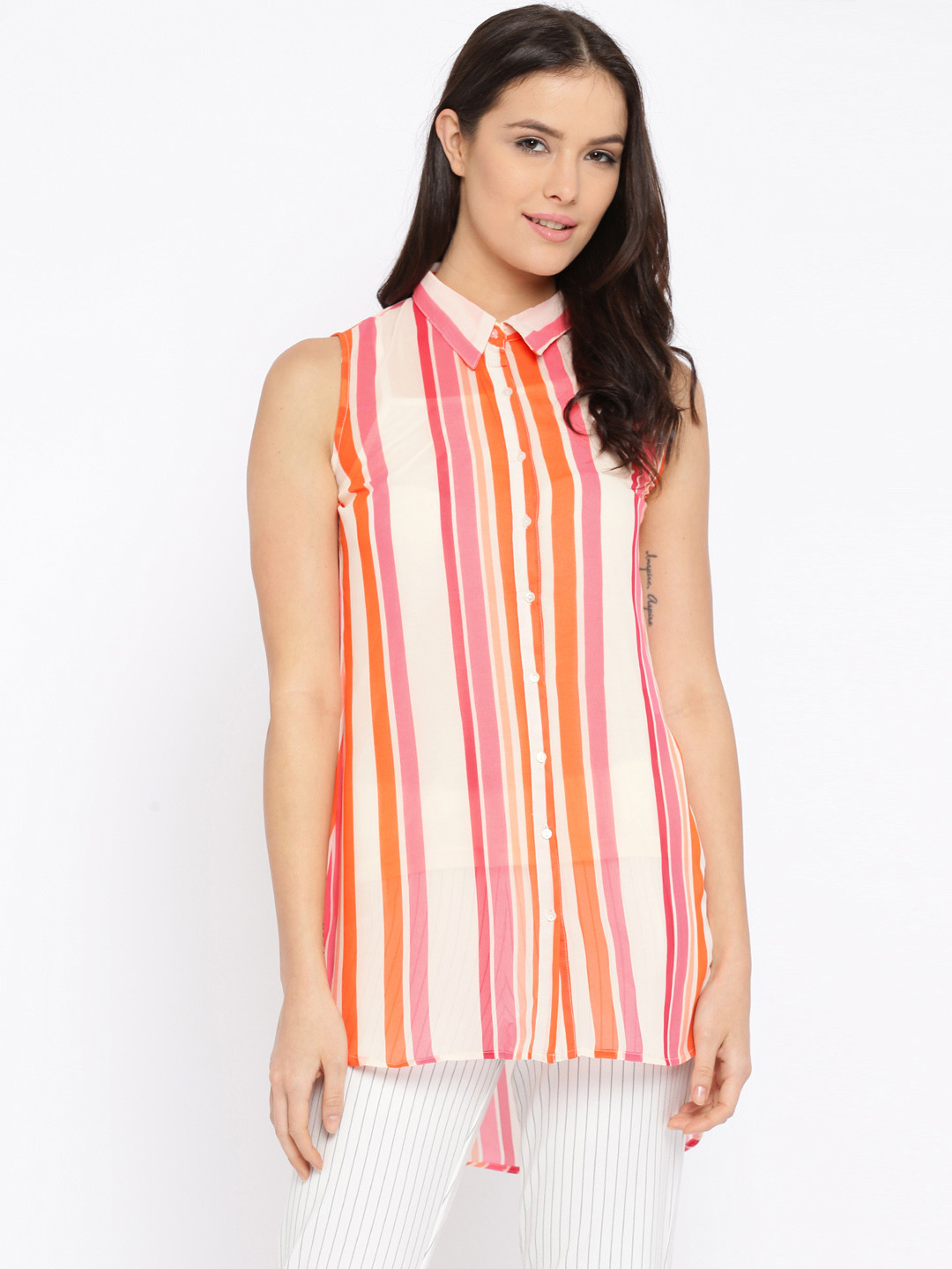 Buy 109F Peach Coloured Striped Sleeveless Tunic Tunics for Women