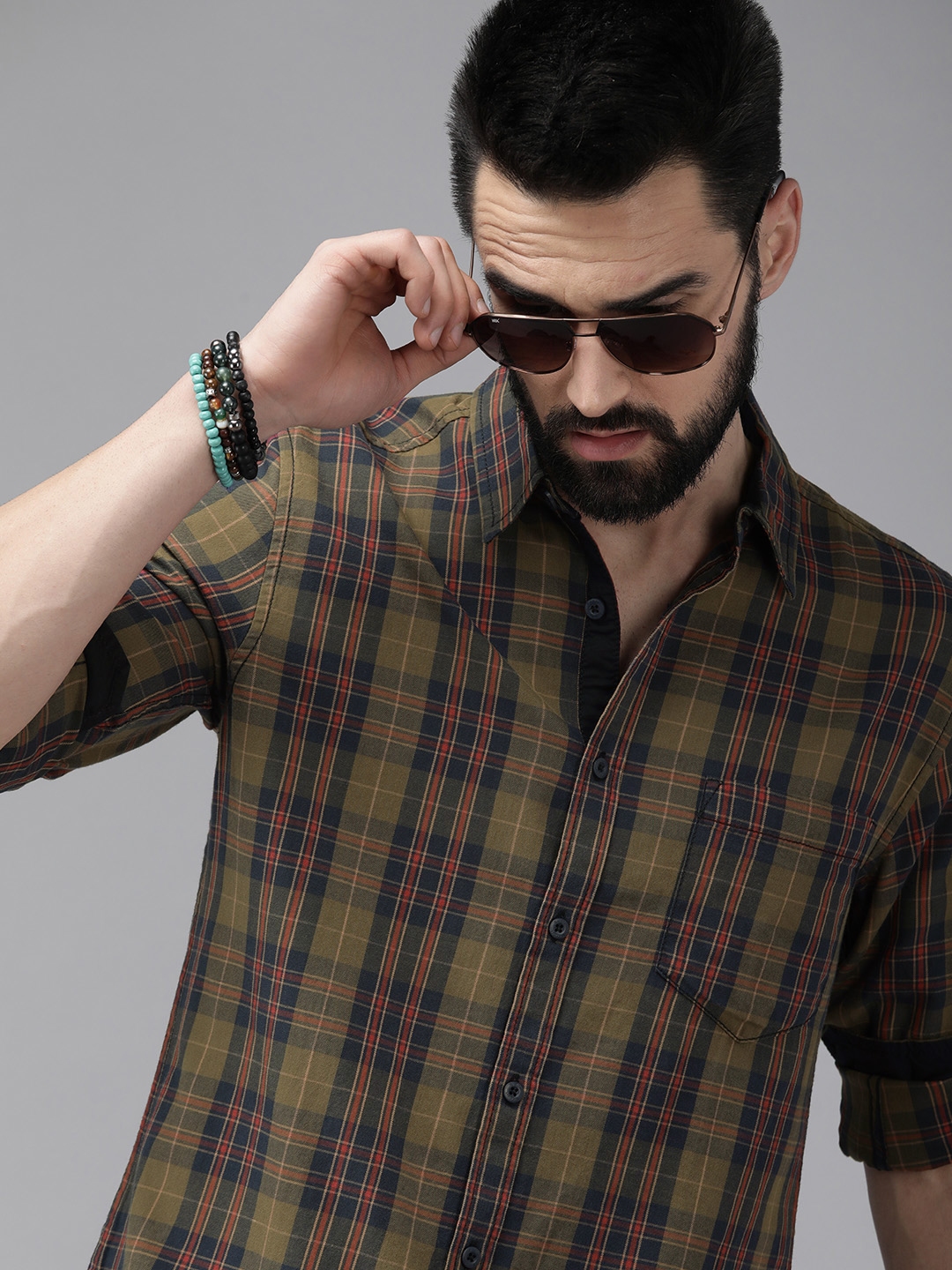 Buy Roadster Men Olive Green Navy Blue Checked Pure Checked Casual buy-roadster-men-olive-green-navy-blue-checked-pure-checked-casual