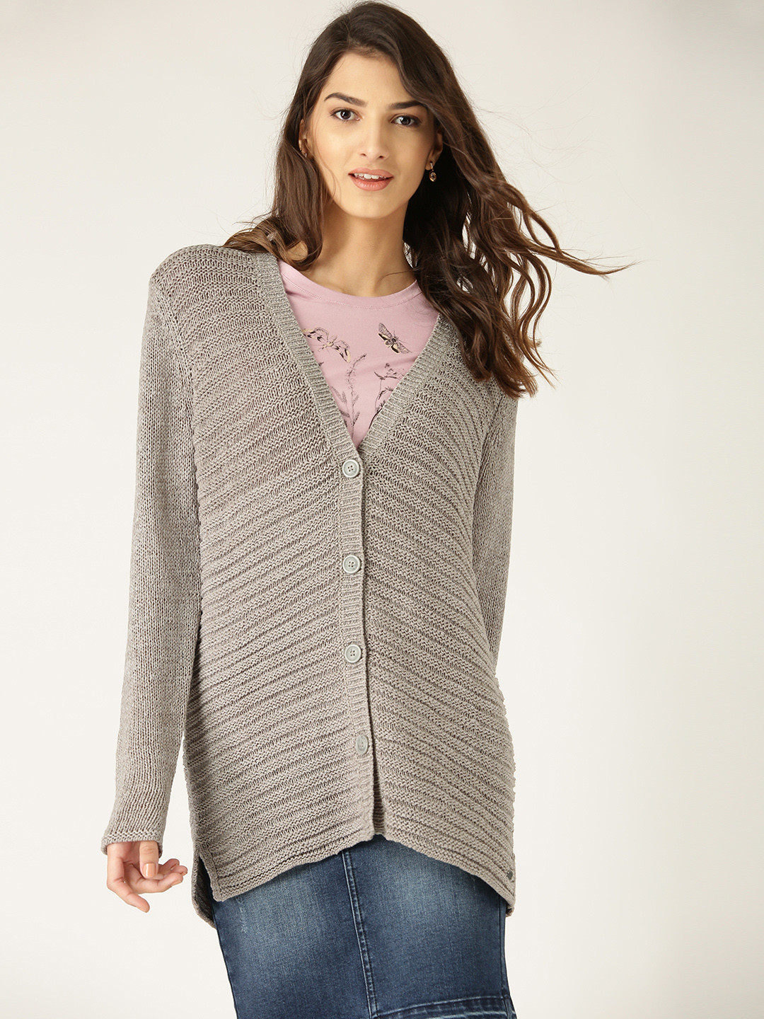Buy ESPRIT Women Taupe Patterned Cardigan Sweaters for Women 1737781 Myntra