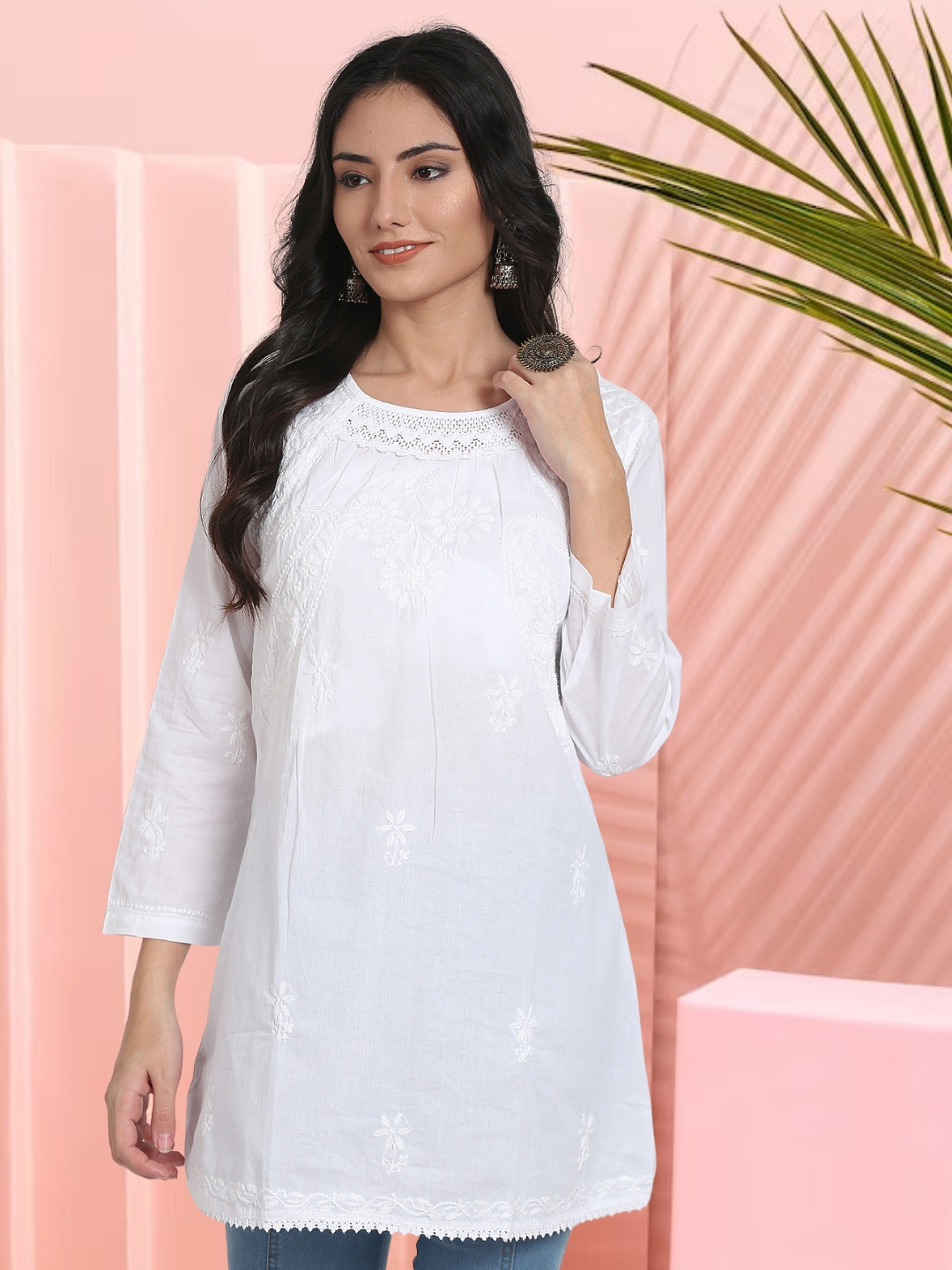 Yellow Floral Print Cotton Tunic with Lucknowi Chikankari Yoke