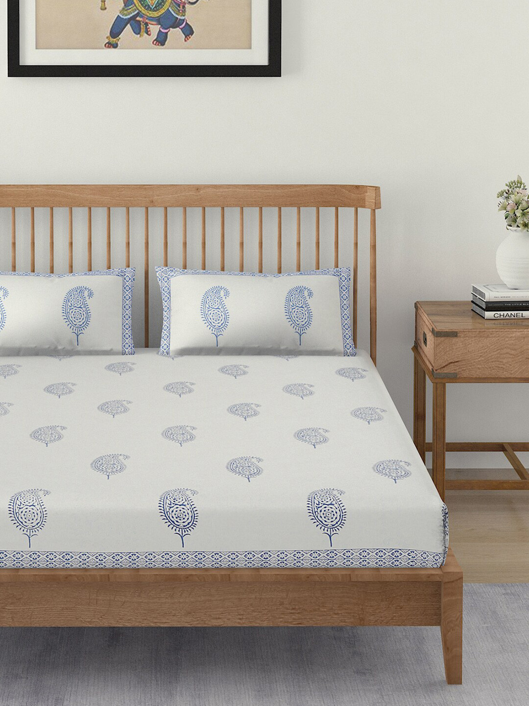 Buy EK BY EKTA KAPOOR White White Block Print 120 TC King Cotton