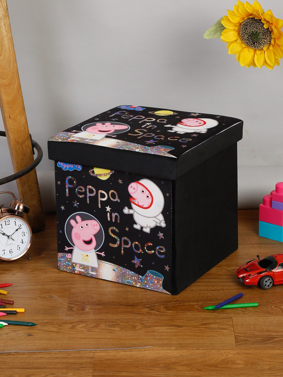 Buy HOSTA HOMES Kids Black Printed Stool Foldable Ottoman Storage ...