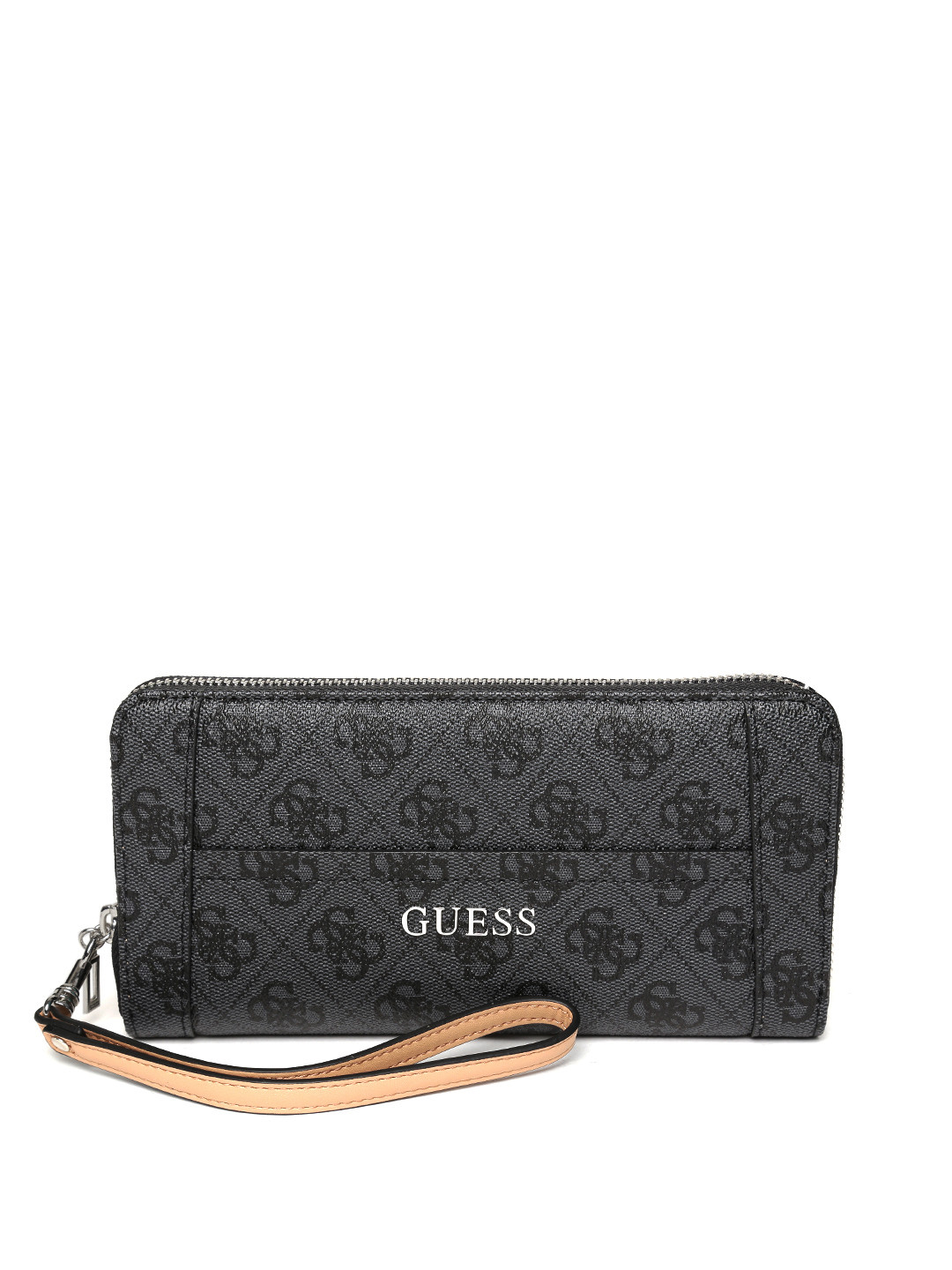 Buy GUESS Women Grey & Black Printed Zip Around Wallet With Wrist Loop