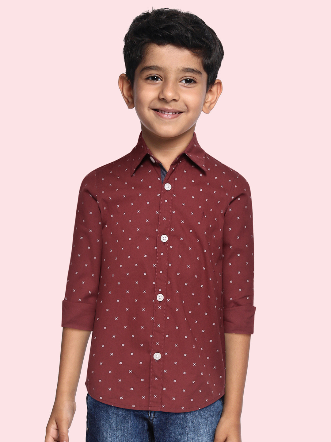 Buy Indian Terrain Boys Maroon & White Ditsy Printed Cotton Casual