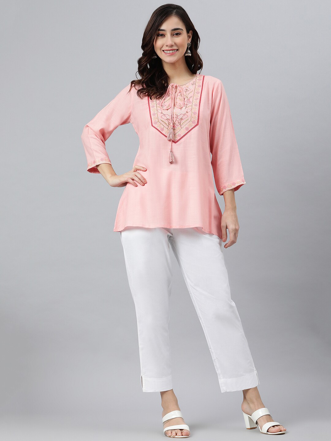 Buy Janasya Women Light Pink Rayon Slub Embroidered A Line Top - Tops ...