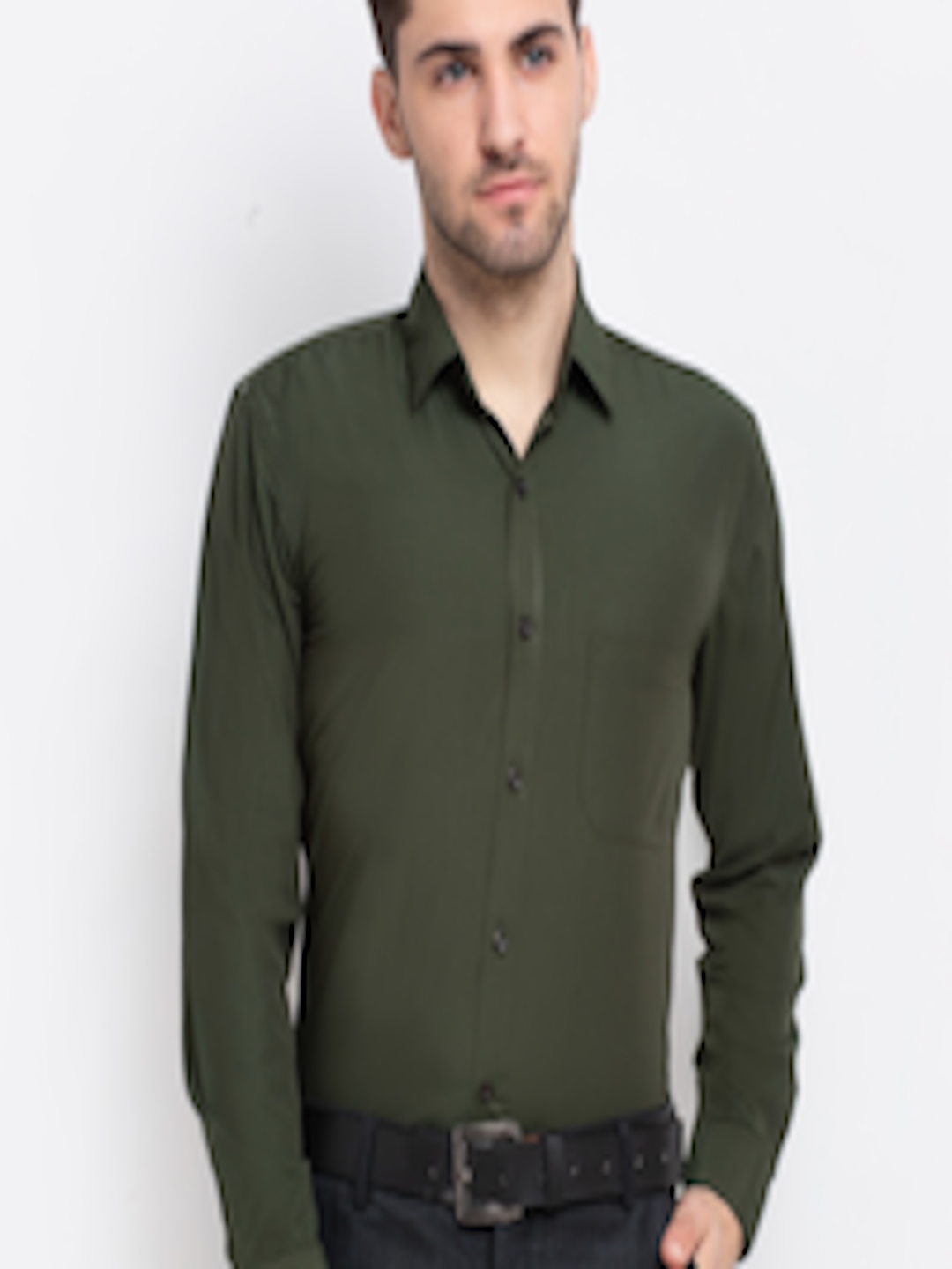 Buy JAINISH Men Olive Green Solid Classic Pure Cotton Formal Shirt ...