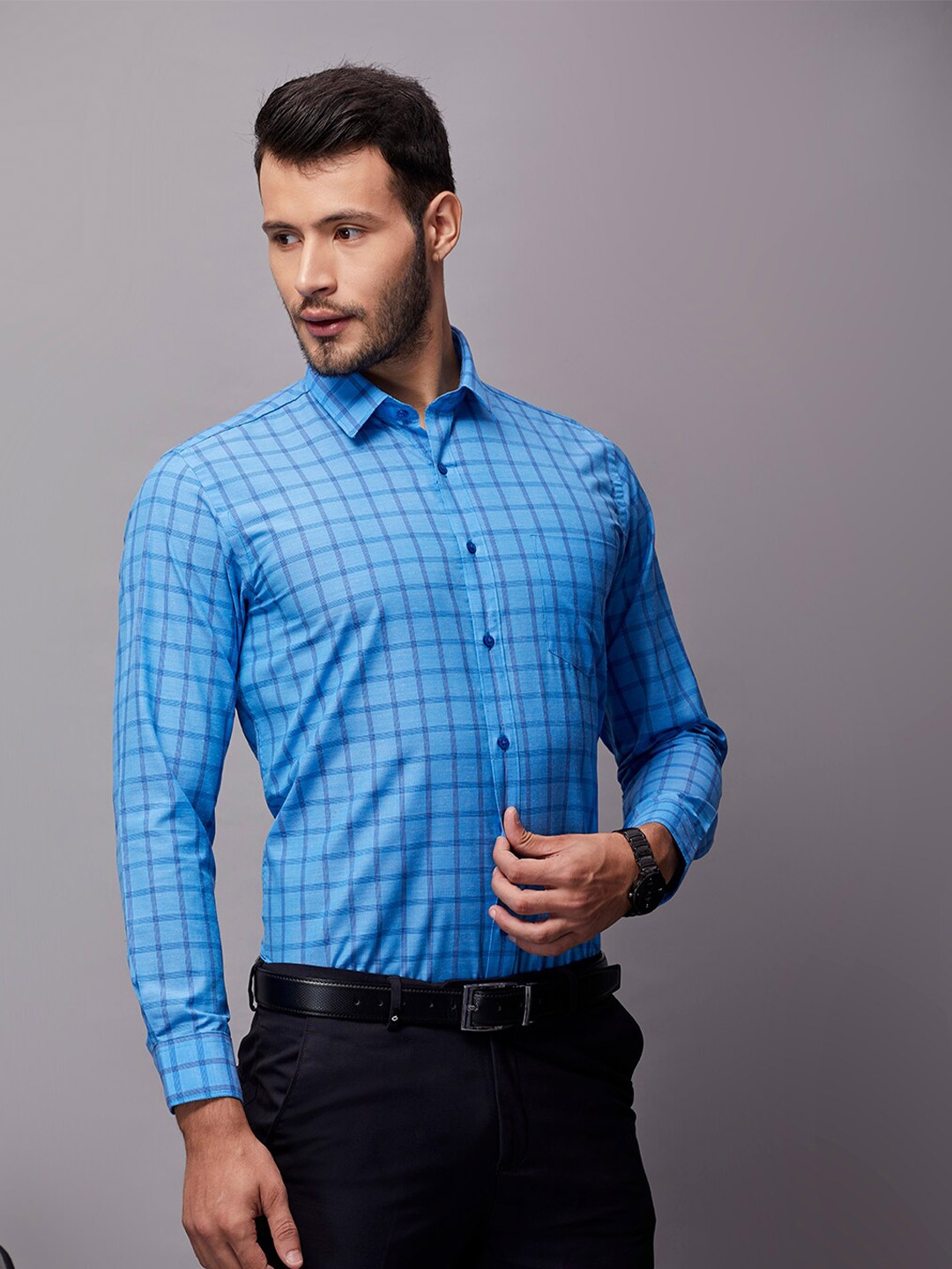 Buy Oxemberg Men Blue Classic Slim Fit Checked Formal Shirt - Shirts ...
