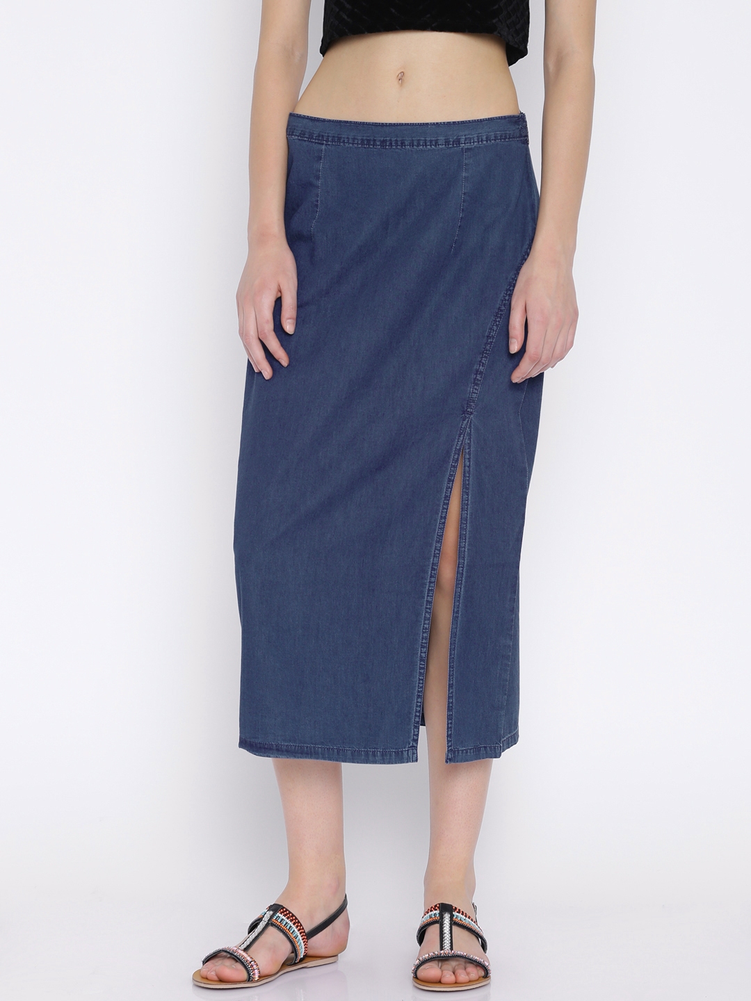 Buy Global Desi Blue Denim Midi Skirt - Skirts for Women 1738964 | Myntra
