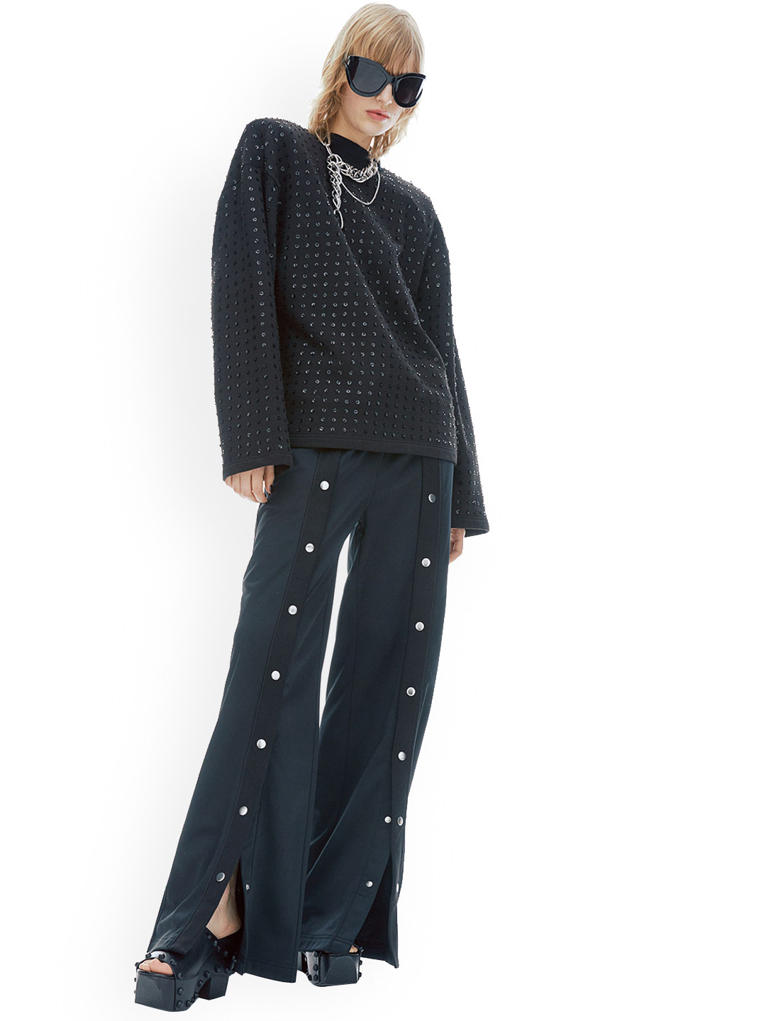 Buy H&M Women Black Wide Press Stud Leg Trousers Trousers for Women