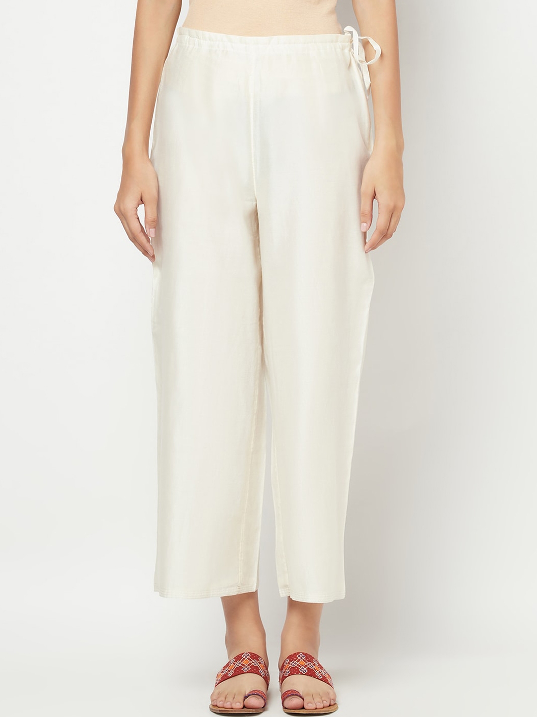 Buy Fabindia Women Off White Cotton Silk Cropped Parallel Trousers ...