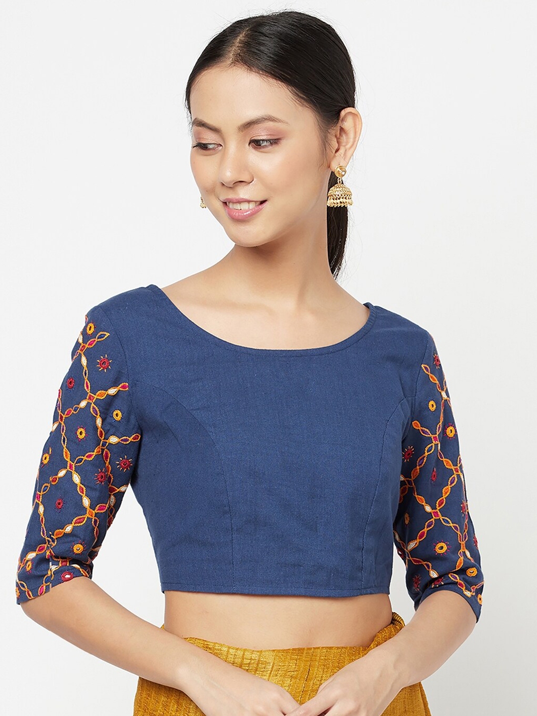 Buy Fabindia Women Blue Embroidered Cotton Saree Blouse - Saree Blouse ...