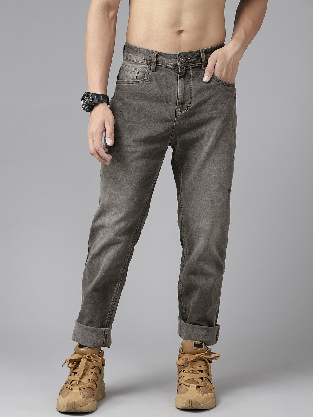 Buy Roadster Men Charcoal Black Tapered Fit Lightly Distressed Light