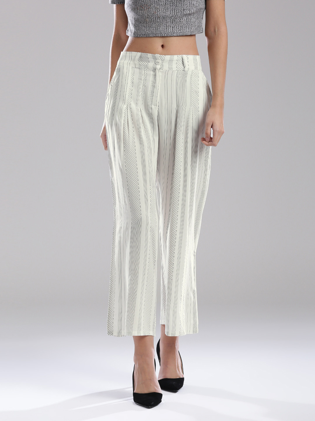 Buy W White & Black Printed Pleated Ankle Length Palazzo Trousers Palazzos for Women 1740049