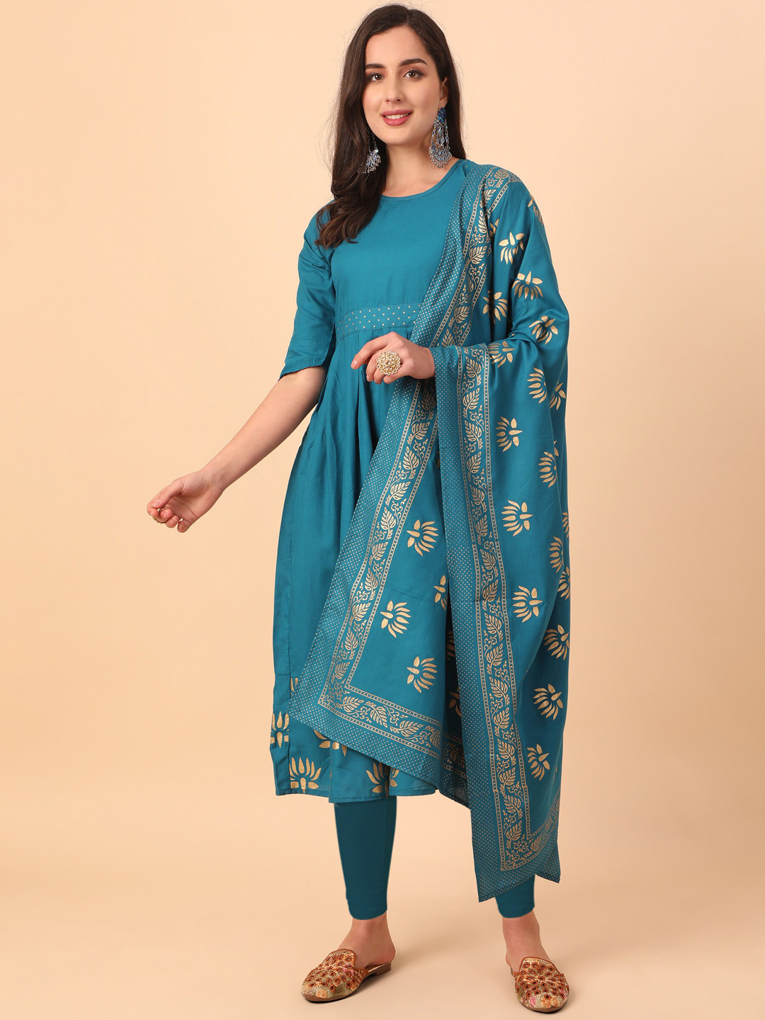 Buy KALINI Women Teal Ethnic Motifs Printed Flared Sleeves Mirror Work